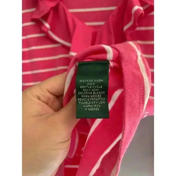 Lauren Ralph Lauren Long-Sleeved Pink and White Striped Ruffled V-Neck Shirt - Picture 4 of 7